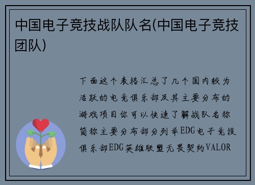 中国电子竞技战队队名(中国电子竞技团队)