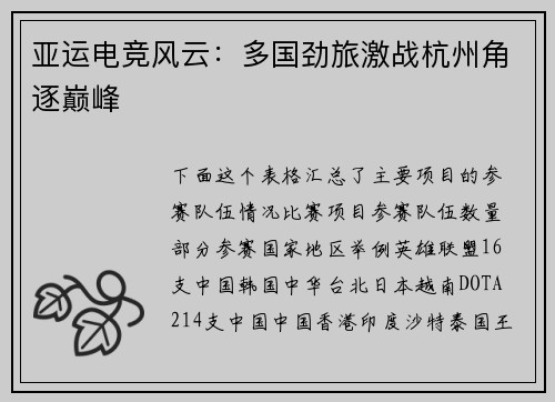 亚运电竞风云：多国劲旅激战杭州角逐巅峰